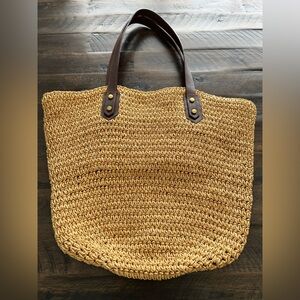 J. Crew Woven Straw Tote with Brown Leather Handles